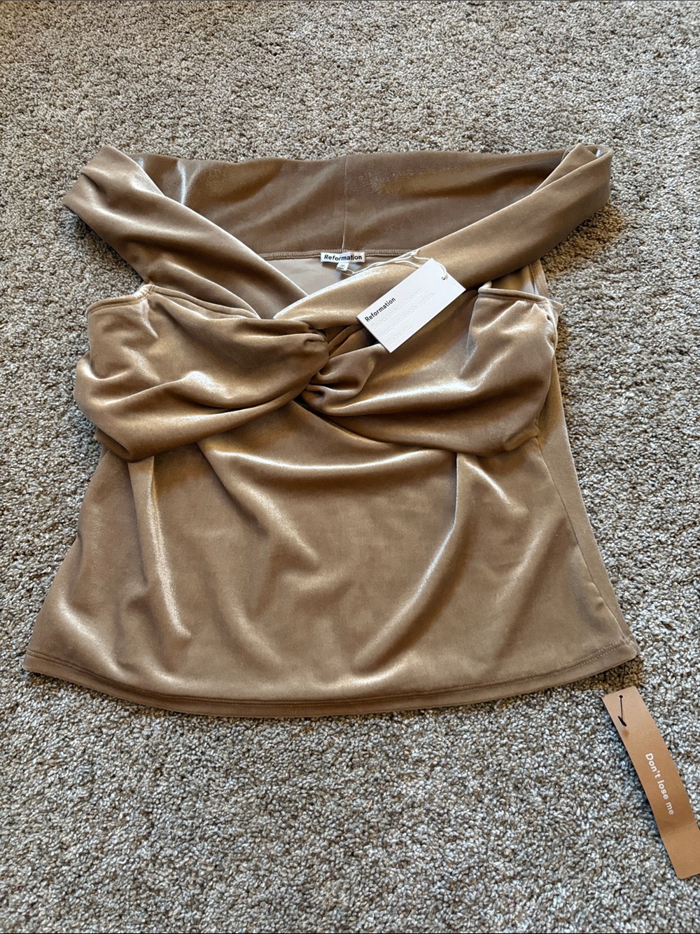 Reformation Taupe Velvet Twist Off-Shoulder Camisole